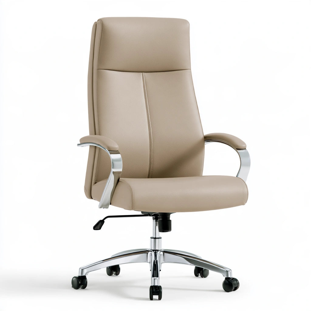Fauteuil de bureau ergonomique aux lignes épurées à dossier haut, coloris taupe