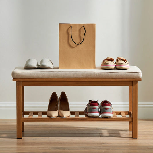 Banc à chaussures avec assise rembourrée en tissu, coloris brun clair